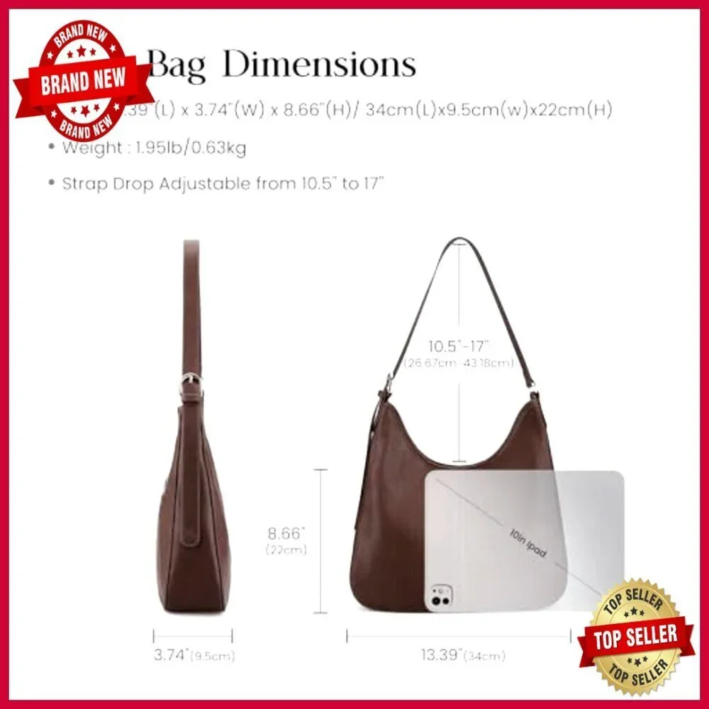 Genuine Leather Hobo Shoulder Bag with Adjustable Strap, 5.1L Capacity
